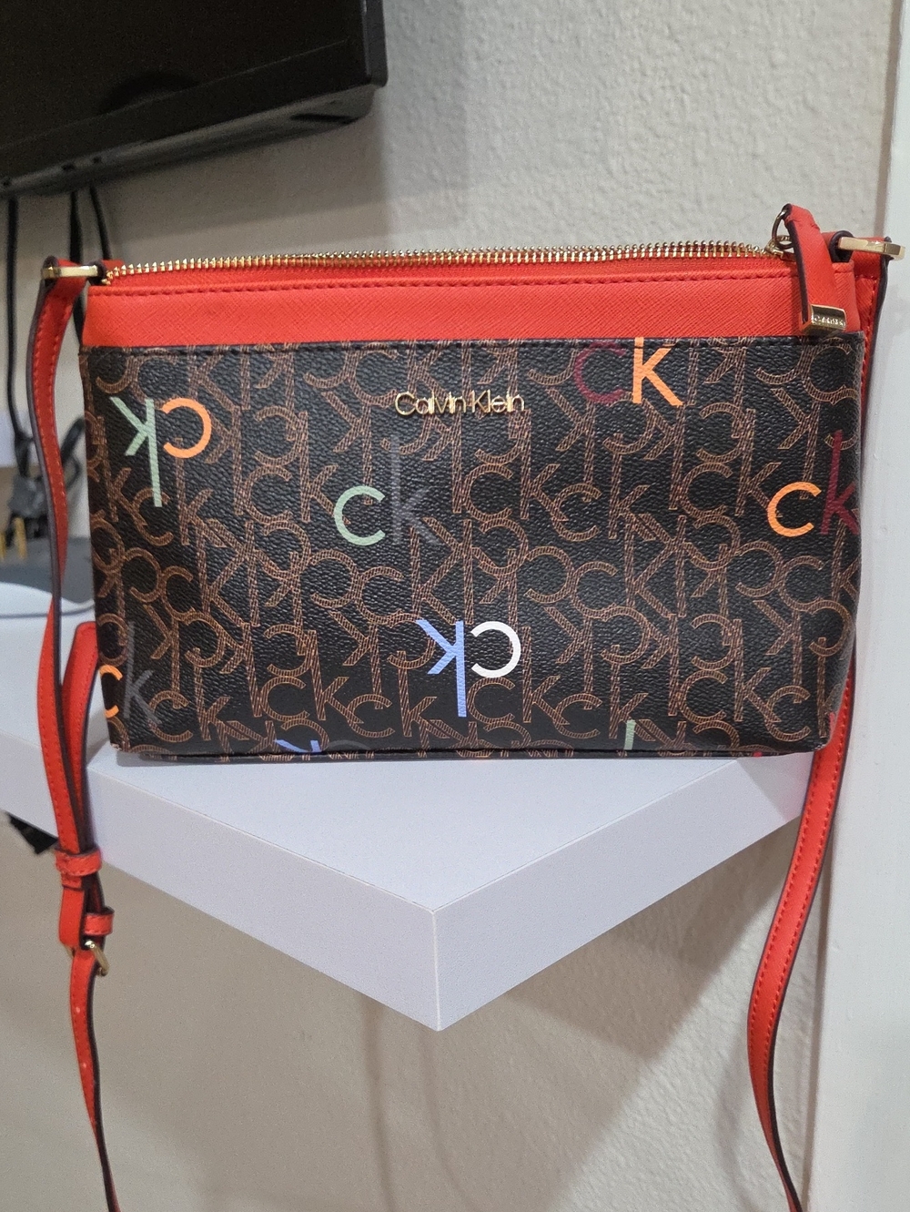 Calvin Klein Brown Signature Crossbody with Red Trim